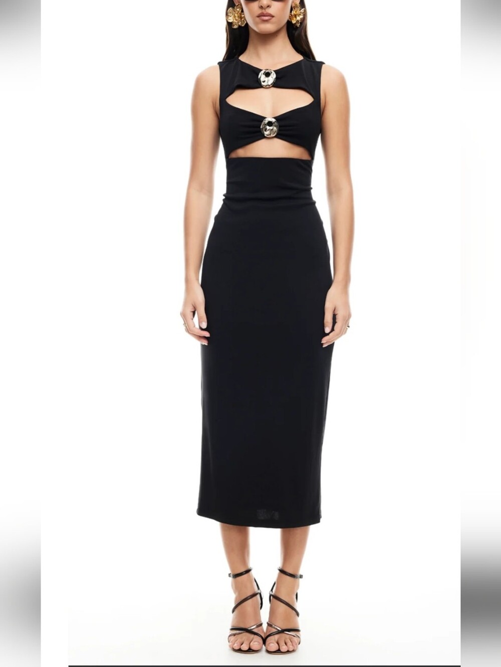 Lioness sexy Black Cutout Midi dress with Buckle Detail size L like new